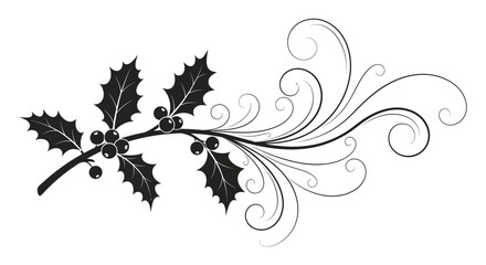 A graceful depiction of holly sprigs and swirling flourishes in black silhouette