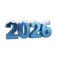 Creative 2026 happy new year text design with 3D metallic blue numbers covered in winter snow caps for seasonal holiday celebration