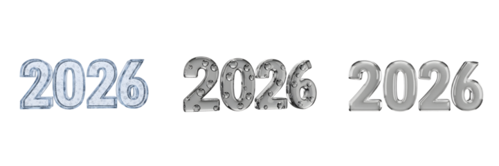 Happy New Year 2026 3D text collection featuring ice texture frozen glass and clear water bubble effects isolated on transparent background for seasonal calendar designs