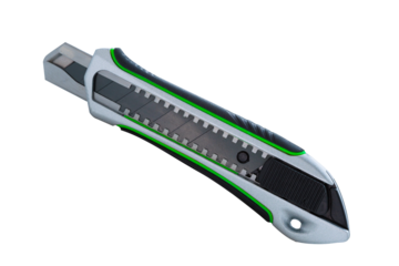 Silhouetted PNG Image of Retractable Utility Knife with Silver Metal Body and Ergonomic Black Grip Isolated on White Background