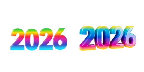 Vibrant rainbow 2026 happy new year text design with two styles of colorful 3D gradient numbers and creative typography on transparent background