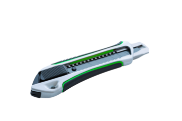 Silhouetted PNG Image of Retractable Utility Knife with Silver Metal Body and Ergonomic Black Grip Isolated on White Background