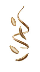 Golden confetti and spiral ribbon falling isolated on white background, festive decoration for celebrations and parties