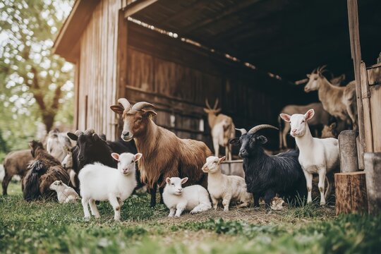 Diverse goats gathered in rustic barnyard setting with lush greenery