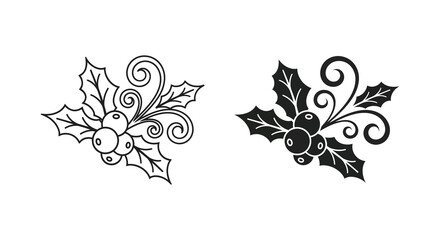 Fototapeta premium Detailed holly branch designs one line art and one solid black a festive silhouette