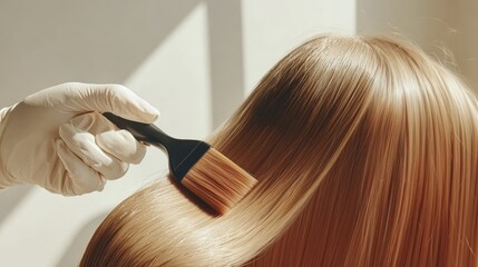 Naklejka premium Blonde hair coloring with brush and gloves in bright sunlight