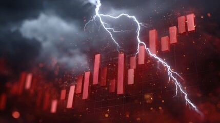 Dramatic financial turbulence illustrated by lightning striking red bar graph amidst stormy dark skies