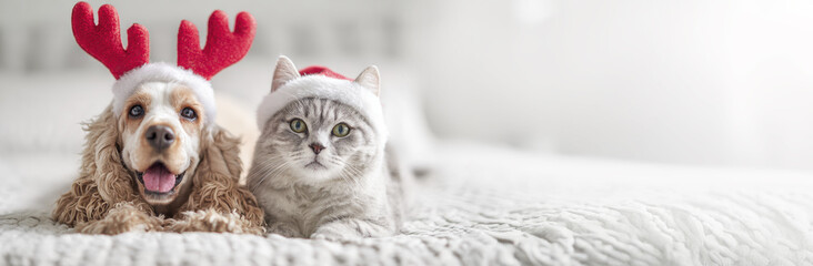 Fototapeta premium Festive dog and cat pair in santa hats celebrating christmas together