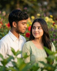 Obraz premium AI generated young Indian couple standing together in a garden 