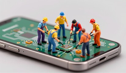 Tiny workers fix a smartphone's tech components with tools on a vibrant green circuit board
