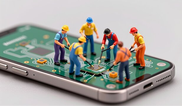 Tiny workers fix a smartphone's tech components with tools on a vibrant green circuit board - Powered by Adobe
