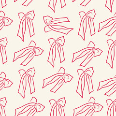 Seamless pattern with cute hand drawn bows. Trendy hair braiding accessory. Hand drawn vector illustration.