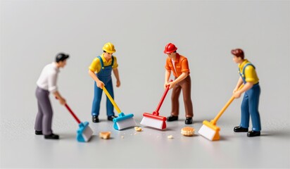 Miniature workers clean up crumbs on a flat surface during a sunny afternoon scene