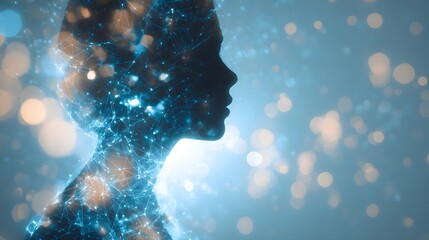 Silhouette of a Persons Profile with Glowing Particles and Bokeh Effects.