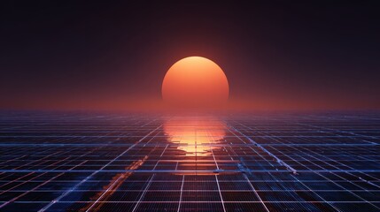 Retro-futuristic synthwave sunset over digital grid landscape with glowing sun and reflections