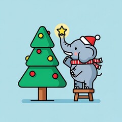 Cartoon elephant decorating a christmas tree with a star on a stool