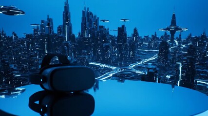 VR headset on table overlooking futuristic cityscape - Powered by Adobe