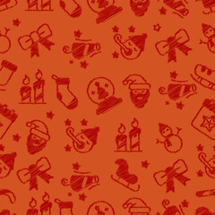 Seamless Pattern Christmas Red Grunge Scribble Icons Orange Background.Vector Illustration