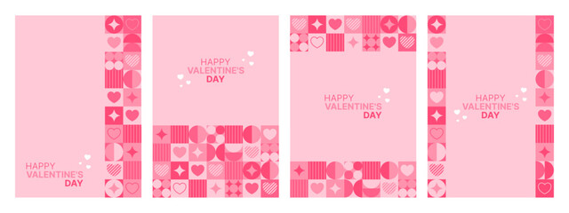 Collection of four pink Valentines day social media stories with geometric pattern and hearts for romantic greeting card template