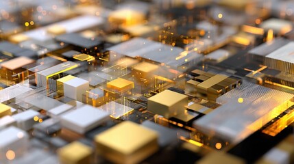Futuristic abstract 3D geometric background with glowing gold and white cubes, data visualization concept