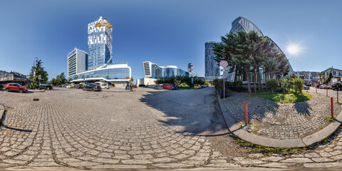 360 hdri seamless panorama on pedestrian path with bridge near skyscrapers with blue sky and good weather in equirectangular spherical projection, ready AR VR virtual reality content