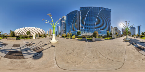 360 hdri seamless panorama on pedestrian path with bridge near skyscrapers with blue sky and good weather in equirectangular spherical projection, ready AR VR virtual reality content
