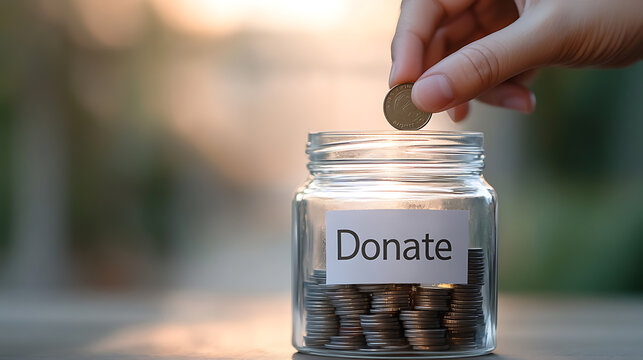 Donation jar: a hand drops a coin in a glass jar labeled "Donate". Every coin counts towards making a difference. Be the change, one donation at a time.