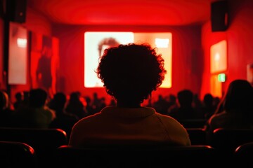 A person watches a movie in a dark theater with red walls.