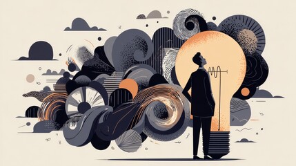 Conceptual illustration of a businessman standing next to a giant glowing light bulb amidst abstract swirls of ideas and creativity