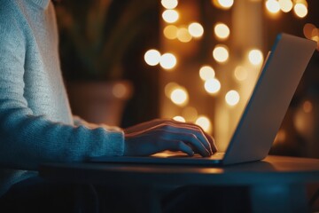 A person's hands are typing on a laptop computer with soft lights in the background.