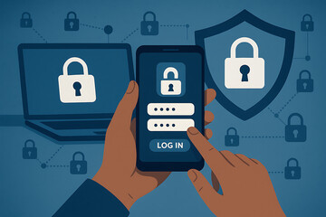 Digital cybersecurity concept showing secure mobile login authentication password protection and laptop security with encryption system