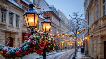 Snowy Christmas Street with Lanterns and Decorations in European Town