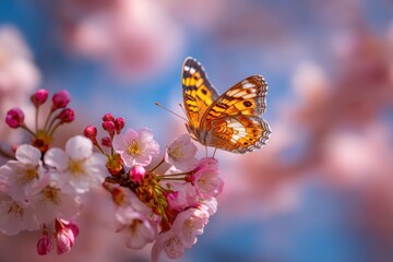 Obraz premium Beautiful butterfly on pink spring cherry blossom