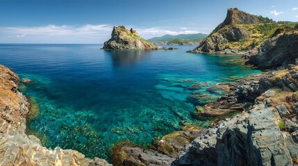 Stunning coastal landscape featuring crystal clear turquoise waters and rocky cliffs under a bright blue sky.