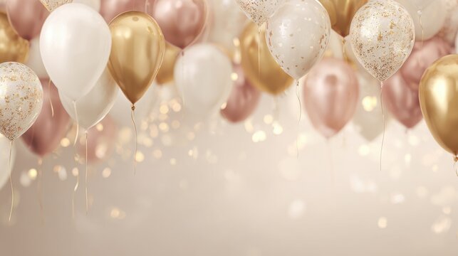 Elegant cluster of gold, white and rose gold balloons on a soft bokeh lights background