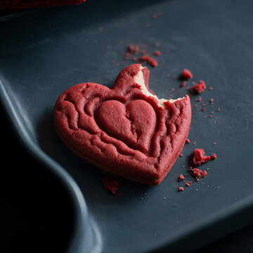 A heart-shaped cookie with a bite taken out of it.