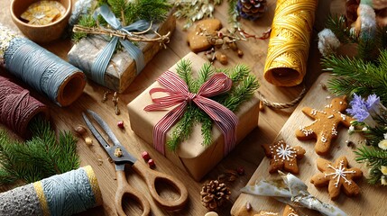 Christmas Gift Wrapping Station with Ribbons, Cookies, and Greenery