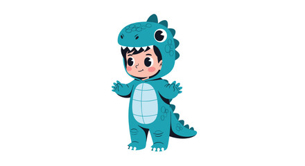 An adorable cartoon child wearing a cute green dinosaur costume, ready for a Halloween or costume party celebration.