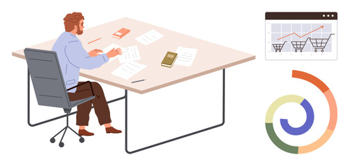 Male professional analyzing documents at a desk with laptop, charts, and analytics to assess performance. Ideal for business, strategy, data, planning, management research productivity. Simple flat