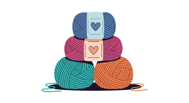 A colorful stack of cozy yarn balls with heart labels, perfect for knitting and crochet hobbies and crafts.