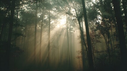 Fototapeta premium Sunlight Streaming Through Forest Canopy Creates Magical Atmosphere, Natures Beauty.