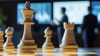 Wooden chess pieces stand poised on a checkered board, strategy. In the background, blurred figures oversee charts on screens, hinting at data-driven decisions and analysis.