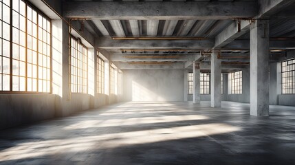 Sunlit Industrial Warehouse Interior with Concrete Pillars and Windows.