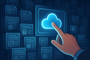 Hand touching glowing cloud icon on digital interface surrounded by secure document icons representing cloud storage and data security technology