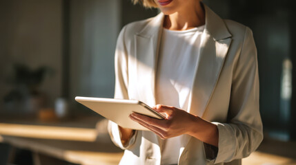 Woman using tablet in modern workspace during daylight hours. Engagement concept. Cropped composition. Business concept.