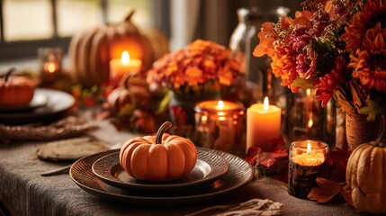 Naklejka premium Thanksgiving Table Setting with Pumpkins, Candles, and Autumnal Floral Arrangements.