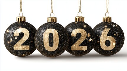 Felicitaci&oacute;n de a&ntilde;o nuevo de 2026. Bolas decorativas de navidad de color negro con n&uacute;meros dorados.