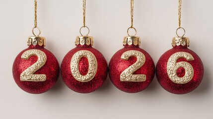 Felicitaci&oacute;n de a&ntilde;o nuevo de 2026. Bolas decorativas de navidad de color rojo con n&uacute;meros dorados.