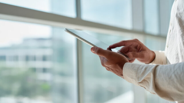 Male hands using tablet in modern workspace in front of the window during daylight hours. Engagement concept. Cropped composition. Business concept.
