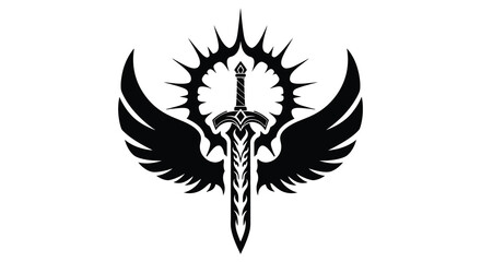 A dramatic black winged sword design featuring a halo like element and striking silhouette